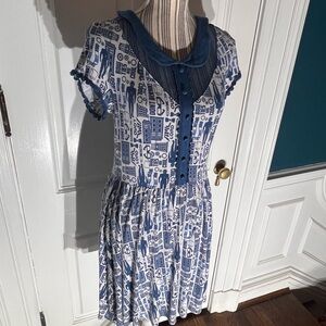 Blue and White Patterned Dress hot topic large sheer neck doctor who D368